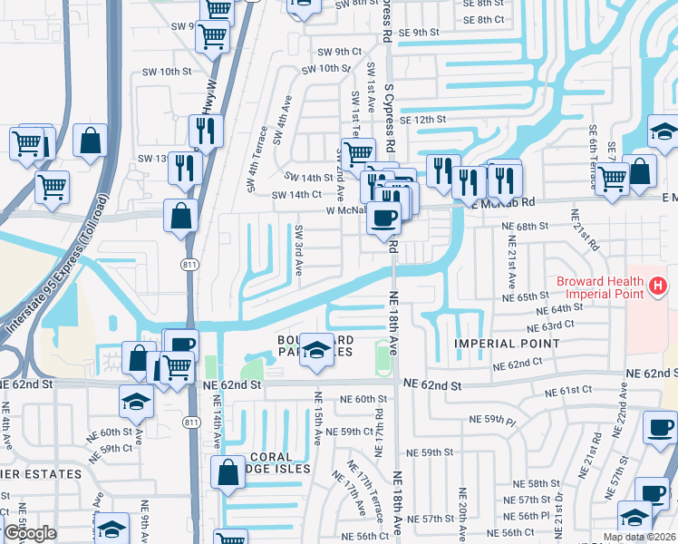 map of restaurants, bars, coffee shops, grocery stores, and more near 200 Southwest 18th Court in Pompano Beach