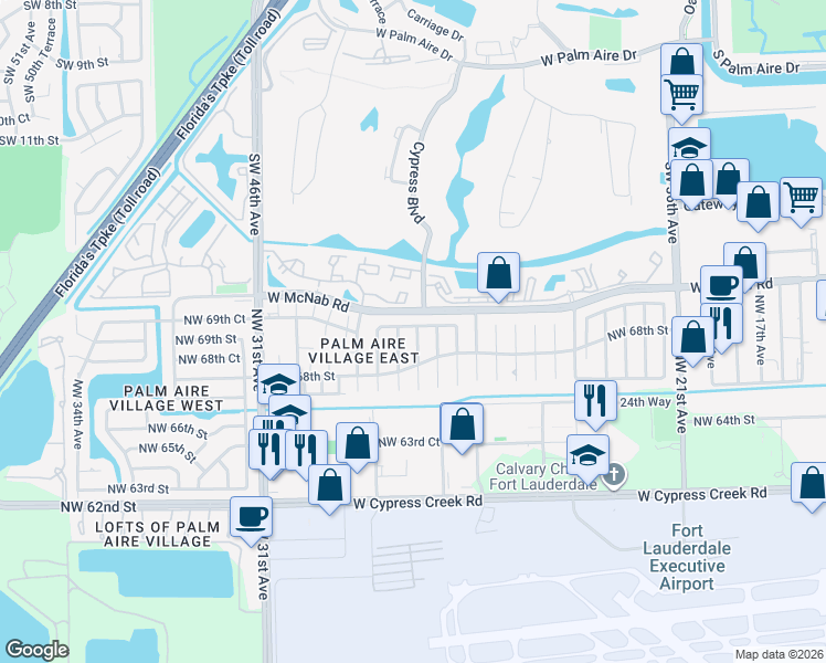 map of restaurants, bars, coffee shops, grocery stores, and more near 6848 Northwest 28th Terrace in Fort Lauderdale