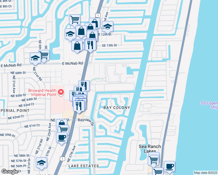 map of restaurants, bars, coffee shops, grocery stores, and more near 6419 Bay Club Drive in Fort Lauderdale