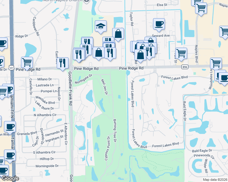 map of restaurants, bars, coffee shops, grocery stores, and more near 280 Burning Tree Drive in Naples