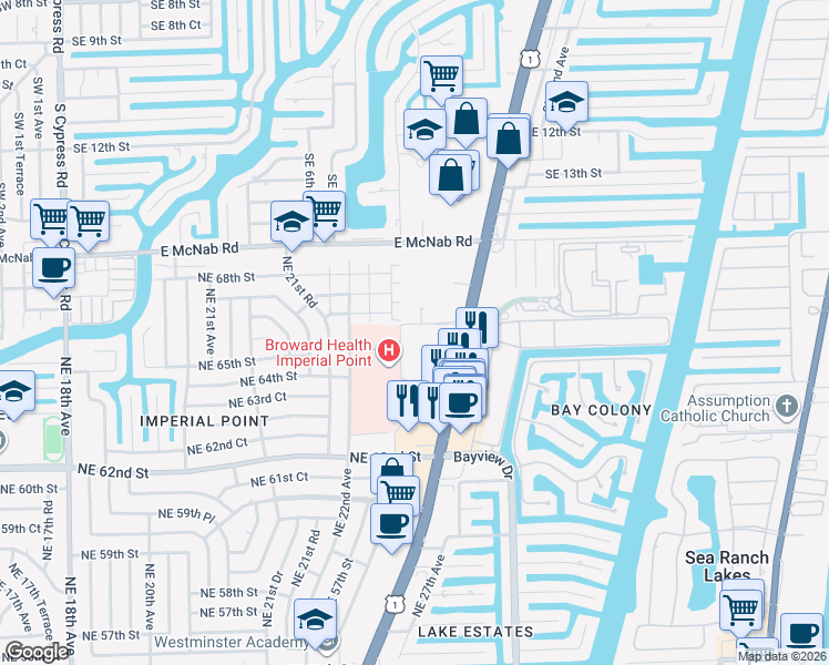 map of restaurants, bars, coffee shops, grocery stores, and more near 2400 Northeast 65th Street in Fort Lauderdale