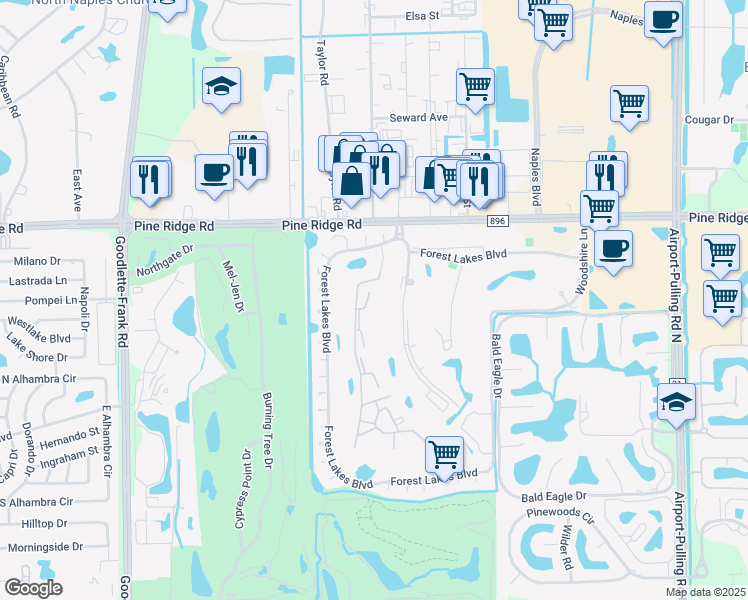 map of restaurants, bars, coffee shops, grocery stores, and more near 1087 Forest Lakes Drive in Naples