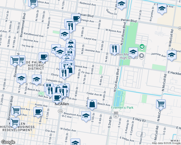 map of restaurants, bars, coffee shops, grocery stores, and more near 520 North 6th Street in McAllen