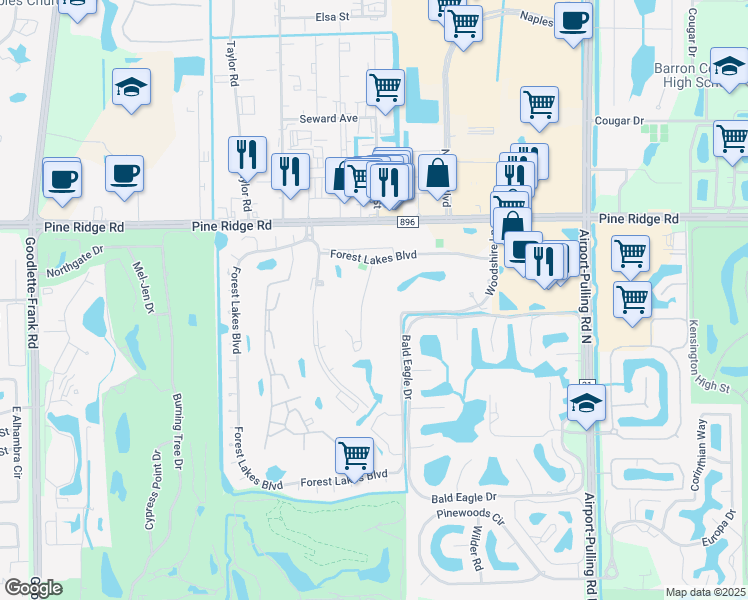 map of restaurants, bars, coffee shops, grocery stores, and more near 628 Woodshire Lane in Naples