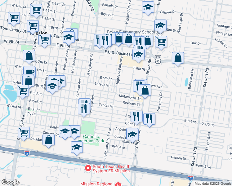 map of restaurants, bars, coffee shops, grocery stores, and more near 1200 Matamoros Street in Mission