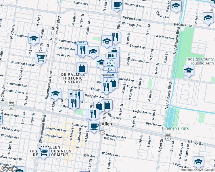 map of restaurants, bars, coffee shops, grocery stores, and more near 500 North 10th Street in McAllen