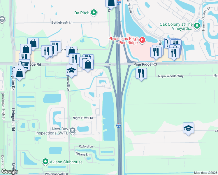 map of restaurants, bars, coffee shops, grocery stores, and more near 1215 Reserve Way in Naples