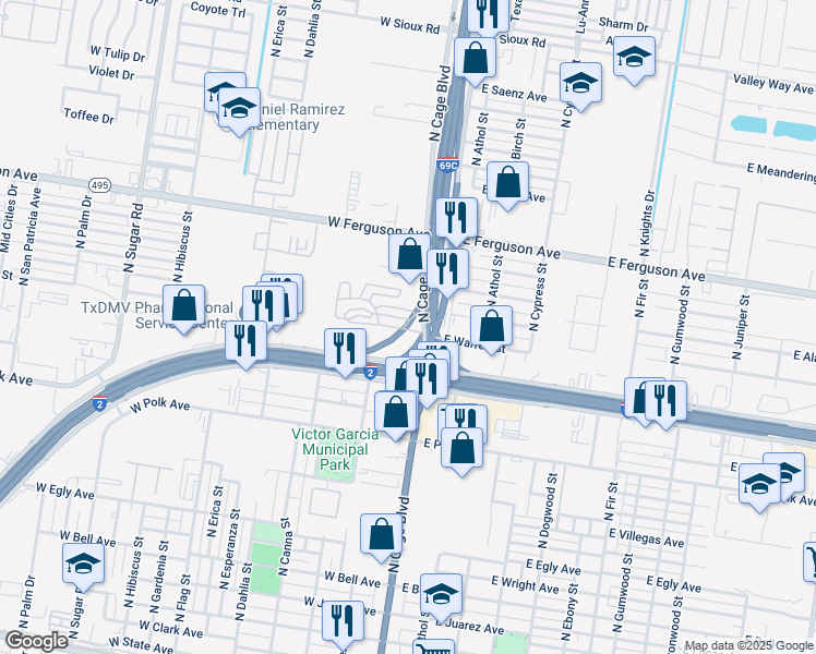 map of restaurants, bars, coffee shops, grocery stores, and more near 1505 North Cage Boulevard in Pharr