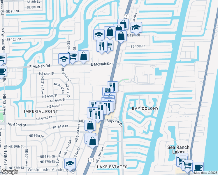 map of restaurants, bars, coffee shops, grocery stores, and more near U.S. Route 1 in LAUD BY SEA