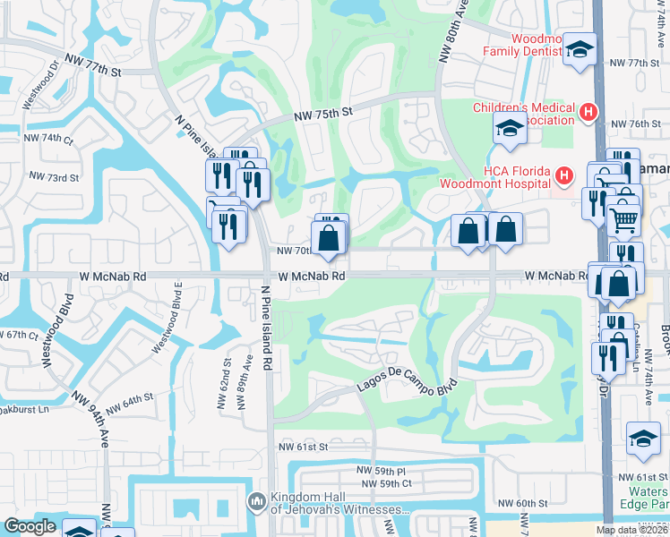 map of restaurants, bars, coffee shops, grocery stores, and more near 8416 West McNab Road in Tamarac