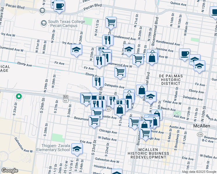 map of restaurants, bars, coffee shops, grocery stores, and more near 2234 Cedar Avenue in McAllen
