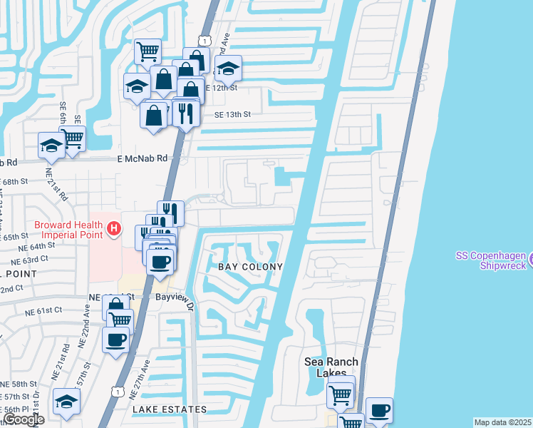 map of restaurants, bars, coffee shops, grocery stores, and more near 6481 Bay Club Drive in Fort Lauderdale