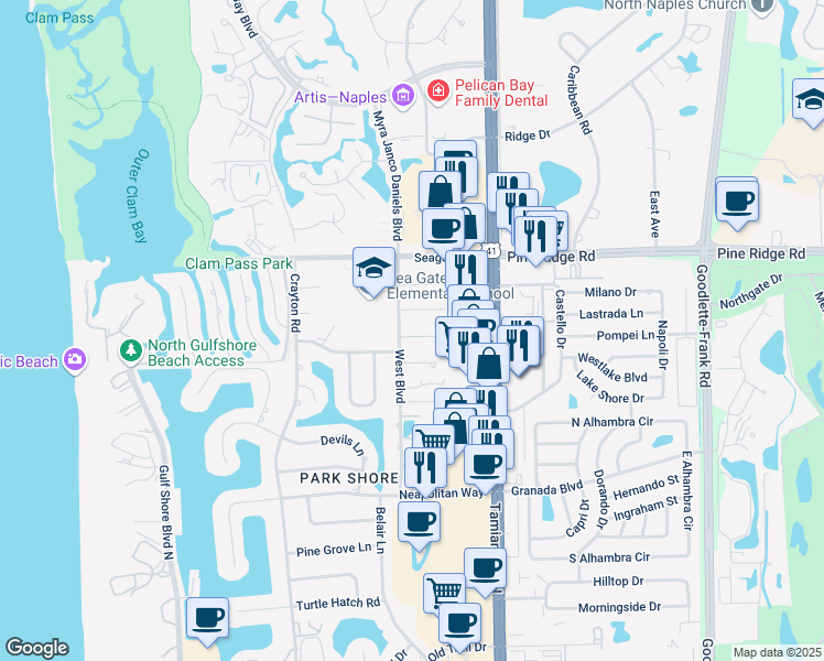 map of restaurants, bars, coffee shops, grocery stores, and more near 735 High Pines Drive in Naples