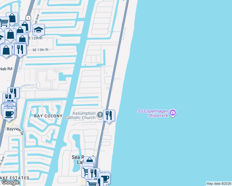 map of restaurants, bars, coffee shops, grocery stores, and more near 1770 South Ocean Boulevard in Pompano Beach