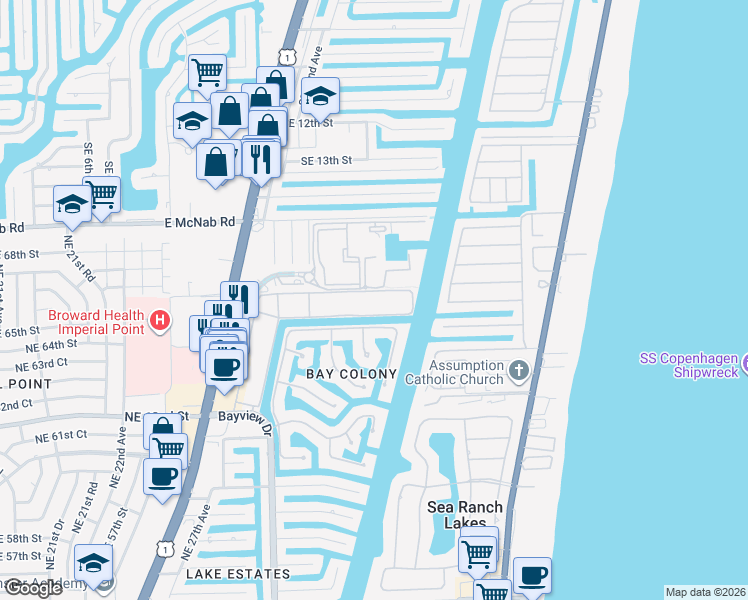 map of restaurants, bars, coffee shops, grocery stores, and more near 6481 Bay Club Drive in Fort Lauderdale