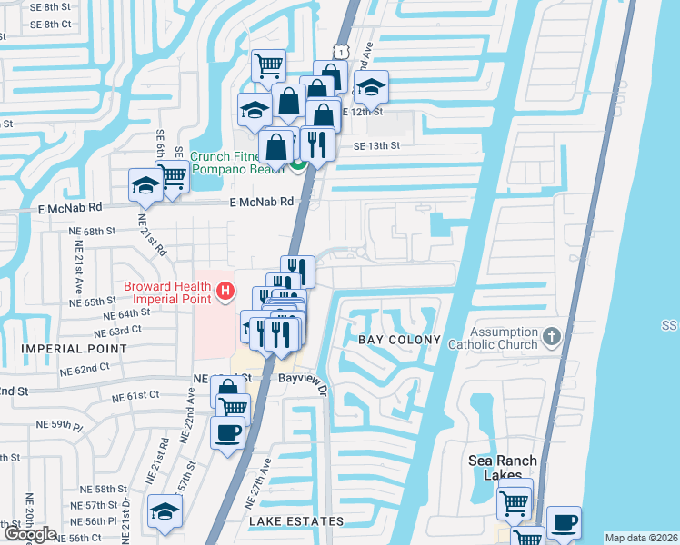 map of restaurants, bars, coffee shops, grocery stores, and more near 6317 Bay Club Drive in Fort Lauderdale