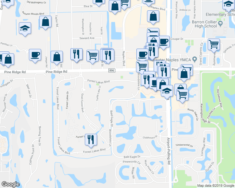 map of restaurants, bars, coffee shops, grocery stores, and more near 732 Woodshire Lane in Naples