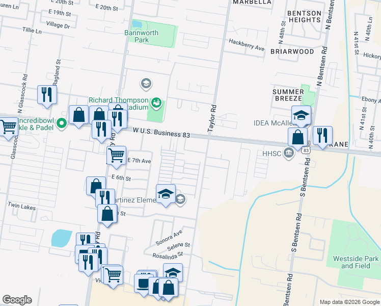 map of restaurants, bars, coffee shops, grocery stores, and more near 804 North Taylor Road in Mission