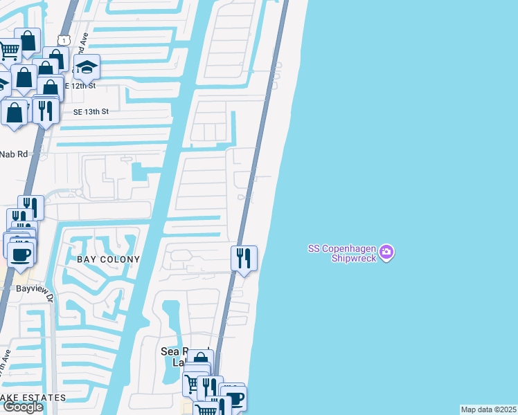 map of restaurants, bars, coffee shops, grocery stores, and more near 1770 South Ocean Boulevard in Pompano Beach