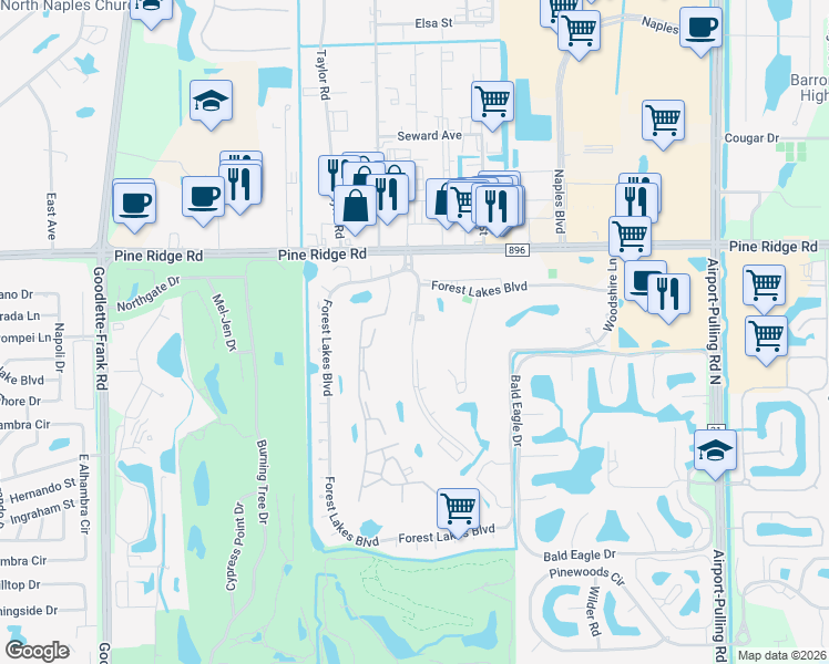 map of restaurants, bars, coffee shops, grocery stores, and more near 200 Quail Forest Boulevard in Naples