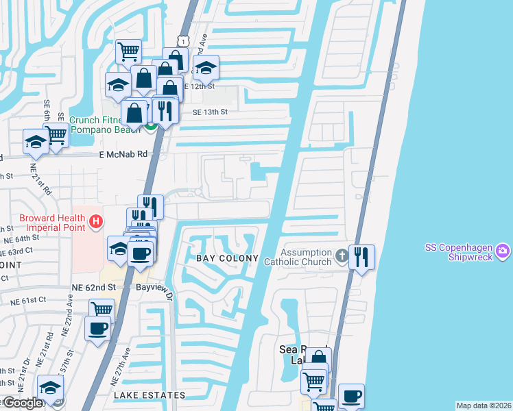 map of restaurants, bars, coffee shops, grocery stores, and more near 20 Bay Club Drive in Fort Lauderdale