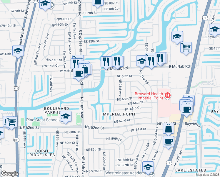 map of restaurants, bars, coffee shops, grocery stores, and more near 6531 Northeast 20th Terrace in Fort Lauderdale