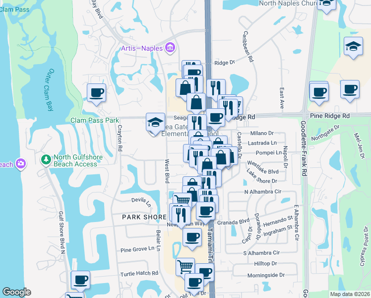 map of restaurants, bars, coffee shops, grocery stores, and more near 775 High Pines Drive in Naples