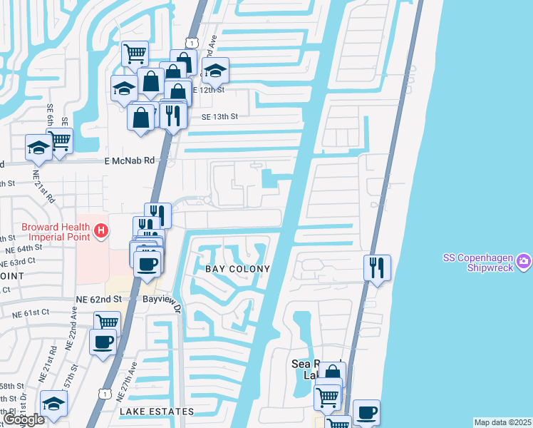 map of restaurants, bars, coffee shops, grocery stores, and more near 6281 Bay Club Drive in Fort Lauderdale