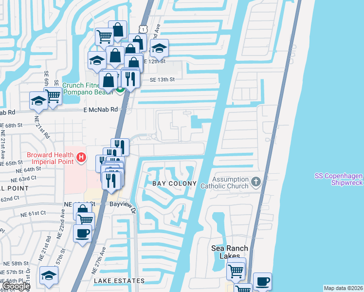 map of restaurants, bars, coffee shops, grocery stores, and more near 6481 Bay Club Drive in Fort Lauderdale