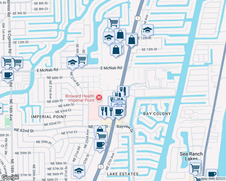 map of restaurants, bars, coffee shops, grocery stores, and more near 6451 North Federal Highway in Fort Lauderdale