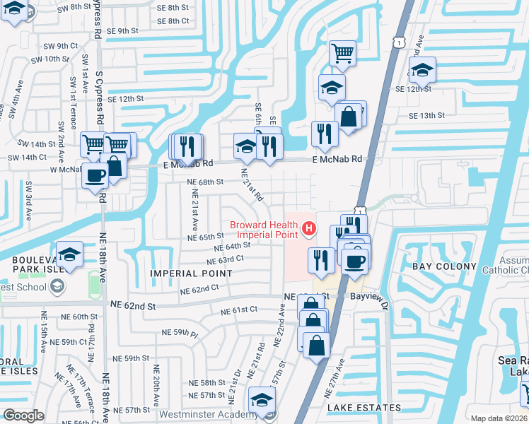 map of restaurants, bars, coffee shops, grocery stores, and more near 6510 Northeast 21st Drive in Fort Lauderdale