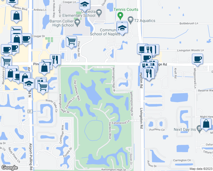 map of restaurants, bars, coffee shops, grocery stores, and more near 3215 Lancaster Drive in Naples