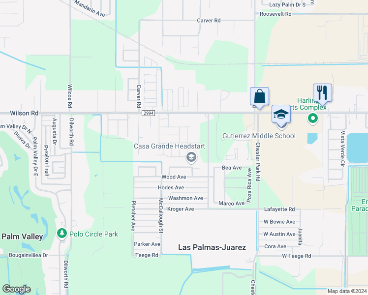 map of restaurants, bars, coffee shops, grocery stores, and more near 4205 Wilson Road in Harlingen
