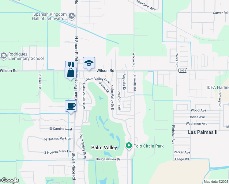 map of restaurants, bars, coffee shops, grocery stores, and more near 1516 Preston Trail in Harlingen