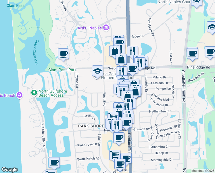 map of restaurants, bars, coffee shops, grocery stores, and more near 5050 West Boulevard in Naples