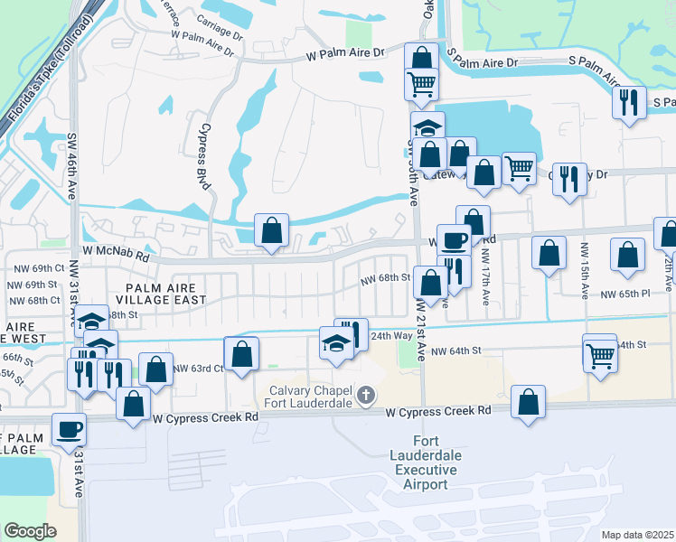 map of restaurants, bars, coffee shops, grocery stores, and more near 6800 Northwest 24th Way in Fort Lauderdale