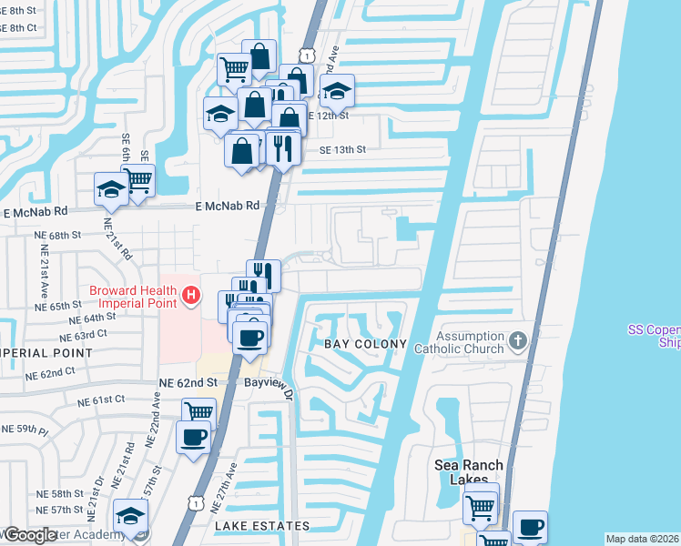 map of restaurants, bars, coffee shops, grocery stores, and more near 12 Port Royale Drive South in Fort Lauderdale