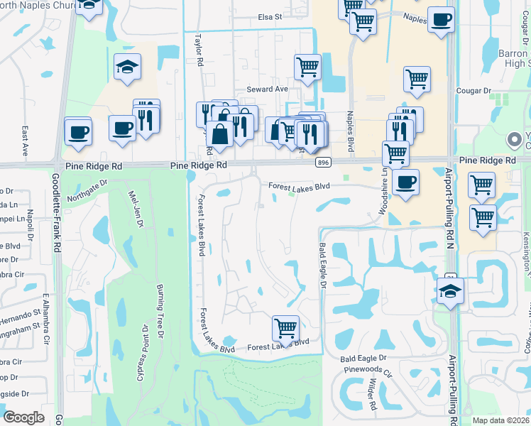 map of restaurants, bars, coffee shops, grocery stores, and more near 102 Quail Forest Boulevard in Naples