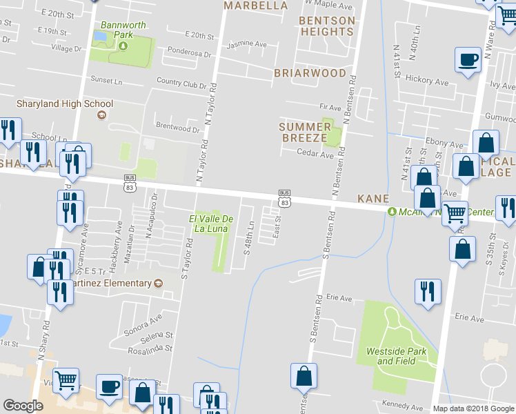 map of restaurants, bars, coffee shops, grocery stores, and more near 107 South 48th Lane in McAllen