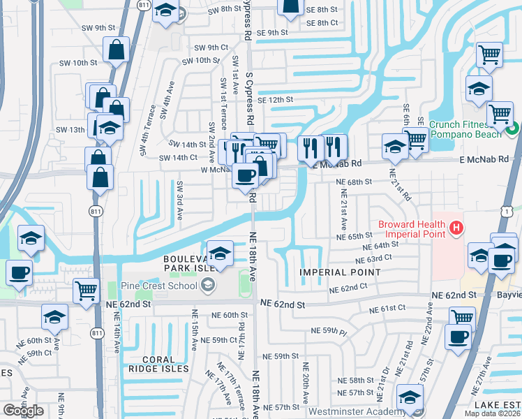map of restaurants, bars, coffee shops, grocery stores, and more near 115 Cypress Club Drive in Pompano Beach