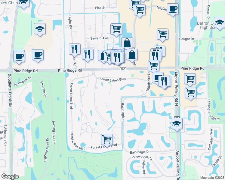 map of restaurants, bars, coffee shops, grocery stores, and more near 180 Forest Lakes Boulevard in Naples