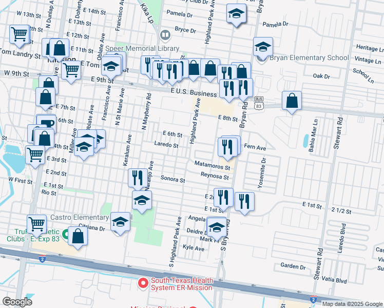 map of restaurants, bars, coffee shops, grocery stores, and more near 507 Paul Drive in Mission