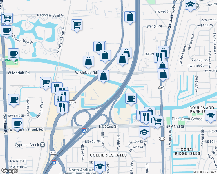 map of restaurants, bars, coffee shops, grocery stores, and more near 6750 North Andrews Avenue in Fort Lauderdale