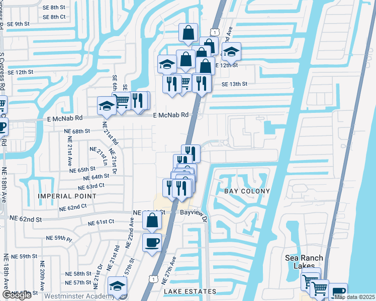 map of restaurants, bars, coffee shops, grocery stores, and more near 6600 North Federal Highway in Fort Lauderdale