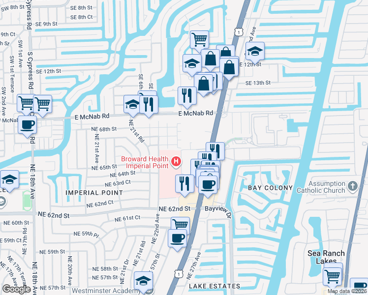 map of restaurants, bars, coffee shops, grocery stores, and more near 23 Northeast 22nd Way in Fort Lauderdale