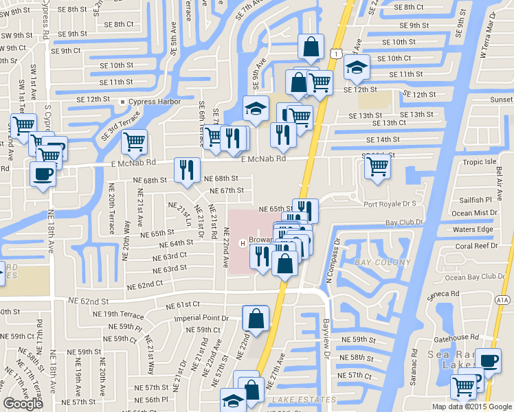 map of restaurants, bars, coffee shops, grocery stores, and more near 23 Northeast 22nd Way in Fort Lauderdale