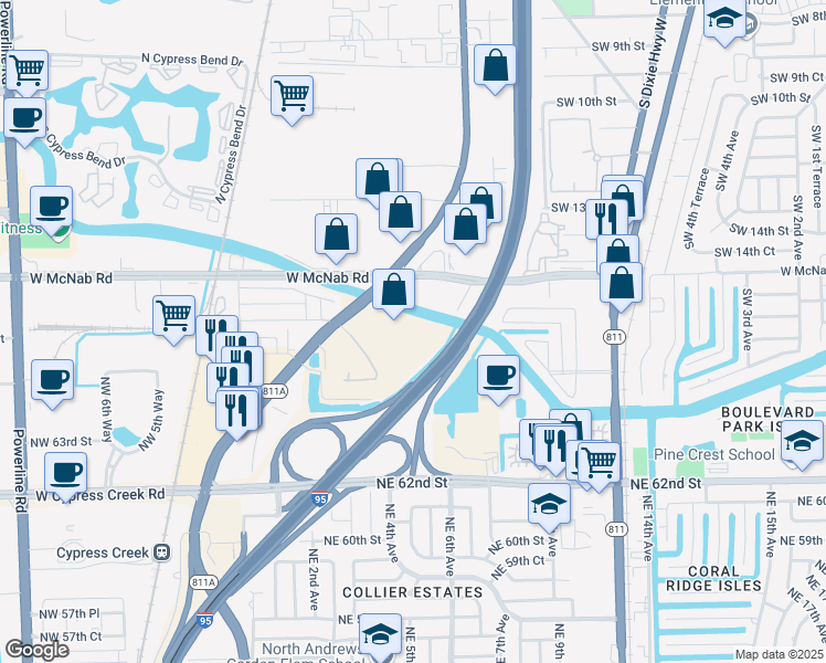 map of restaurants, bars, coffee shops, grocery stores, and more near 6750 North Andrews Avenue in Fort Lauderdale