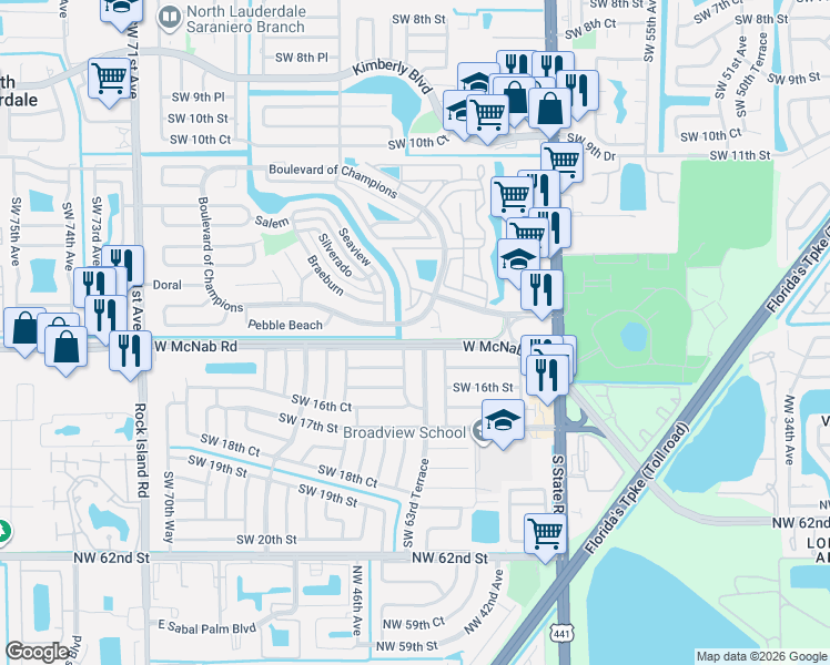 map of restaurants, bars, coffee shops, grocery stores, and more near 115 San Remo Boulevard in North Lauderdale