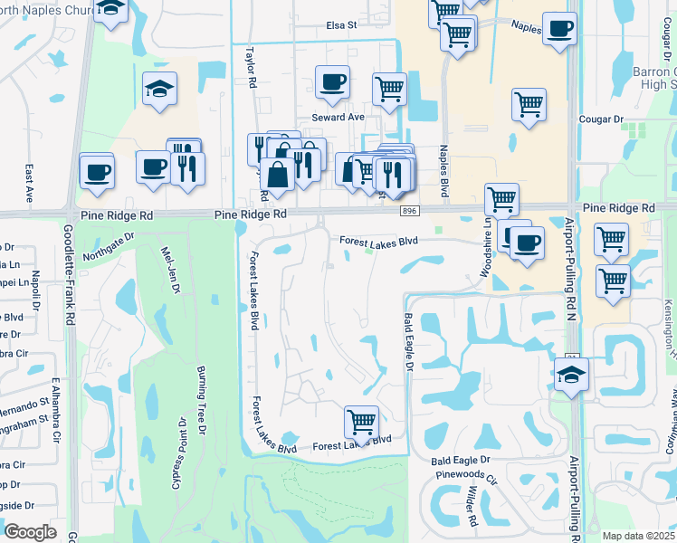 map of restaurants, bars, coffee shops, grocery stores, and more near 102 Quail Forest Boulevard in Naples