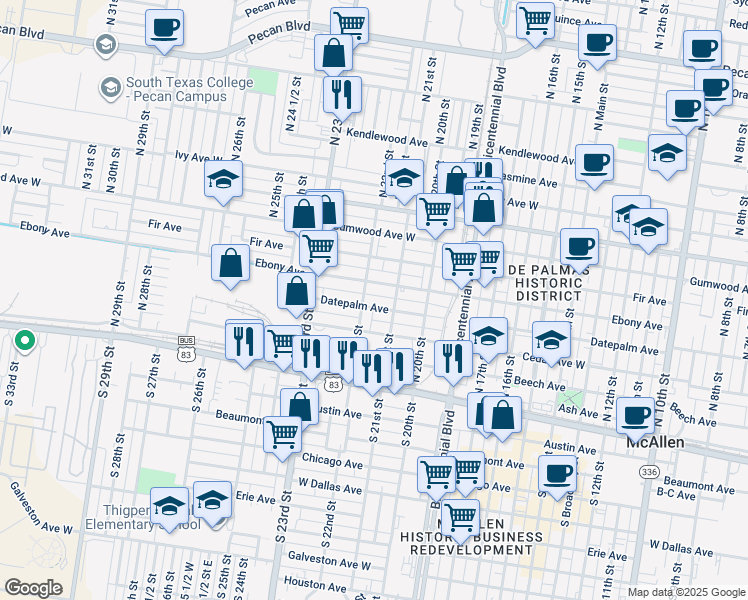 map of restaurants, bars, coffee shops, grocery stores, and more near 2201 Ebony Avenue in McAllen